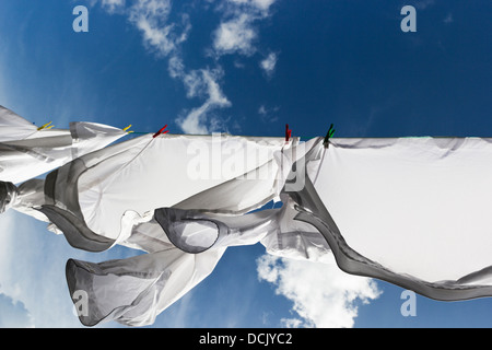 Camice bianco appeso sulla linea di lavaggio contro un cielo blu con nuvole soffici Foto Stock