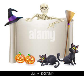 Un Halloween segno di scorrimento con uno scheletro di carattere al di sopra del banner e zucche e della strega, gatti hat e manico Foto Stock