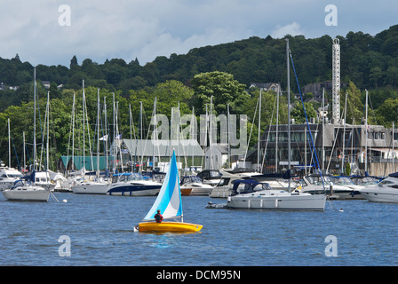 Ragazzo in piccola barca a vela, Bowness Bay, il lago Windermere, Parco Nazionale del Distretto dei Laghi, Cumbria, England Regno Unito Foto Stock