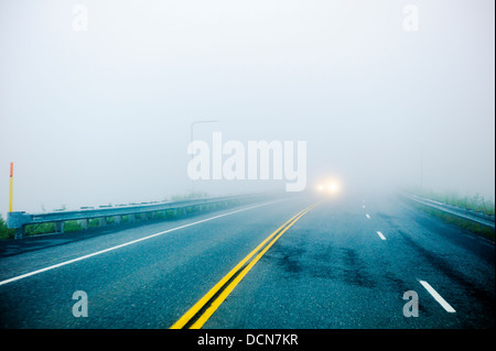 La nebbia e bagnato Highway 4, Richardson Highway, Thompson Pass, vicino a Valdez, Alaska, Stati Uniti d'America. I marcatori di overhead di aiutare i conducenti a navigare Foto Stock