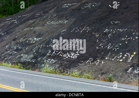 I bambini utilizzano rocce bianche sulla collina di nero per creare i segni e nome, Glenn Highway, Highway 1, Alaska Foto Stock