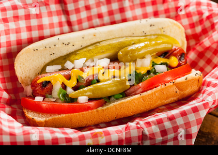 Lo stile di Chicago Hot Dog con senape, sottaceti, pomodoro, assaporare e cipolla Foto Stock