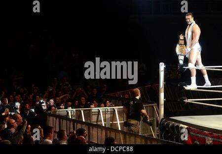 Alberto Del Rio WWE Raw Superstars restituiti all'Arena O2 con una sorpresa apparizione cameo di wrestling leggenda Mick Foley come ospiti di un arbitro. Vedendo come l'eroe locale Sheamus non era sul roster per il Dublin mostra superstar WWE CM Punk agguantato una bandiera tricolore ha proclamato in se stesso come Irish per la gioia dei fan! Chiedo come orgoglioso Celt Sheamus prenderà un po' di notizie? Dublino, Foto Stock