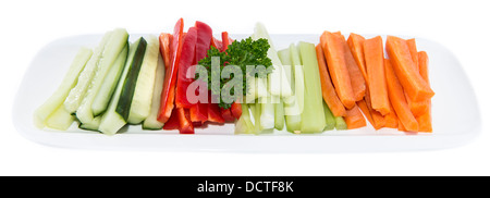Crudites (sedano, carota, cetriolo e pepe rosso) isolato su bianco Foto Stock
