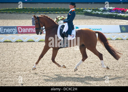 Herning, Danimarca. Il 22 agosto, 2013. Equestrian Adelinde Cornelissen esegue sul suo cavallo Jerich Parzival durante la squadra dressage evento presso la comunità di salto ostacoli e dressage Championships di Herning, Danimarca, 22 agosto 2013. Credito: dpa picture alliance/Alamy Live News Foto Stock