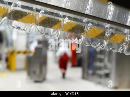 Bottiglie di PET vuote sono illustrati nell'impianto di imbottigliamento della Coca Cola Erfrischungsgetränke AG impianto di produzione in Genshagen, Germania, 21 agosto 2013. Qui, i prodotti Coca-Cola sono riempiti in imballaggi monouso su 158.000 metri quadrati. 170 dipendenti lavorano nell'impianto di produzione che è stato aperto nel 1998. La Coca-Cola Erfrischungsgetränke AG è una delle più grandi aziende produttrici di bevande in Germania con un volume di vendite di 3,7 miliardi di litri nel 2012. Foto: Jens Kalaene Foto Stock