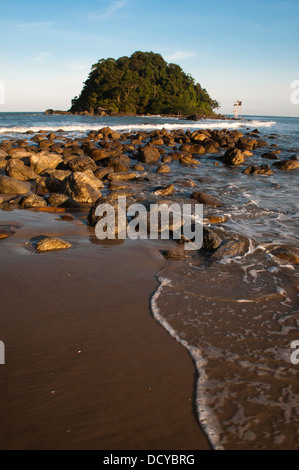 Praia Mansa beach a Caiobá, Matinhos città, Riva del Paranà stato, Brasile del Sud. Tartaruga isola in primo piano. Foto Stock