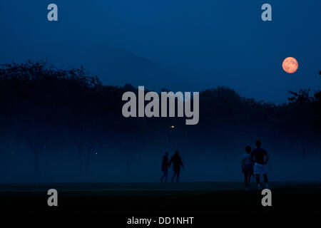 Edimburgo, Scozia, Regno Unito. Il 22 agosto 2013. Previsioni Meteo a 20:00PM. Le persone al parco prati Edimburgo guardare la luna. Credito: pak@ Mera/Alamy Live News Foto Stock