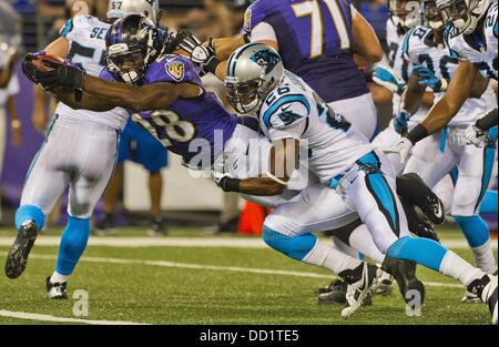 Baltimore, Maryland, Stati Uniti d'America. Il 22 agosto, 2013. Baltimore Raven's Damien Berry, (RB 28), immersioni in tutta la linea di traguardo per un 10-cantiere touchdown eseguito durante la preseason game tra la Carolina Panthers e Baltimore Ravens a M e T Bank Stadium di Baltimora, Maryland il 22 agosto 2013. Carolina sconfitto Baltimore 34-27. Credito: Scott Serio/eclipse/ZUMAPRESS.com/Alamy Live News Foto Stock