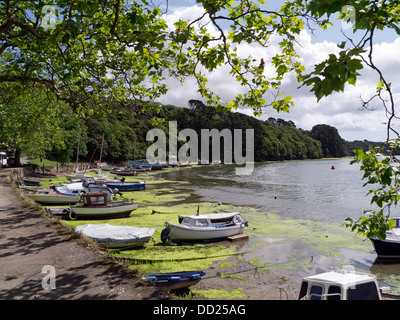 Le barche attraccate al angolo soleggiato Malpas Truro Cornwall Regno Unito Foto Stock