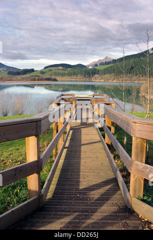 Posto di osservazione a molo in legno su un lago Foto Stock