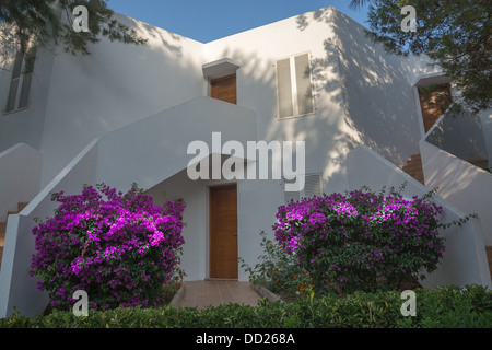 Ibiza bianco edificio di stile di Maiorca con fioritura buganvillee accogliente. Foto Stock
