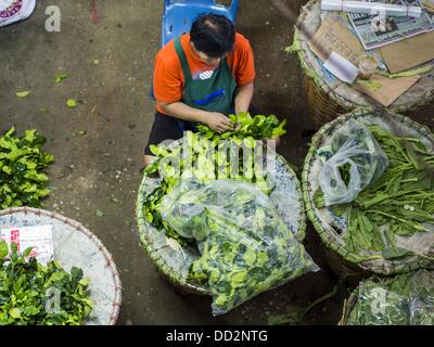 Agosto 23, 2013 - Bangkok, Tailandia - un fornitore ordina foglie di combava (Citrus hystrix DC., Rutacee), noto anche come kieffer calce, makrut o magrood in Pak Khlong Talad in Bangkok. La Thailandia è entrato un Ã¢??technicalÃ¢?Â recessione questo mese dopo l'economia si è ridotto di 0,3% nel secondo trimestre di quest'anno. Il 0,3% la contrazione del prodotto interno lordo tra aprile e giugno a seguito di una caduta precedente del 1,7% durante il primo trimestre del 2013. La contrazione è imputabile a un calo della domanda di esportazioni, una caduta della domanda interna e una perdita di fiducia dei consumatori. Allo stesso tempo il valore 0 Foto Stock