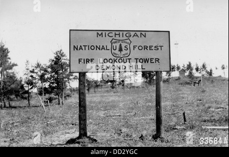 Questa immagine mostra un cartello posto vicino alla torre di osservazione dei vigili del fuoco di Demond Hill, che fornisce informazioni o avvisi ai visitatori. Il cartello probabilmente serve da guida per coloro che si trovano nella zona, migliorando la sicurezza e la consapevolezza. Foto Stock