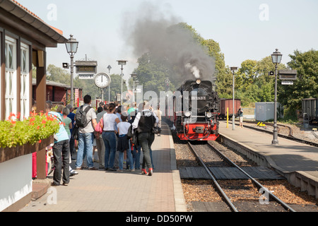 Treno a vapore che arrivano alla stazione di Westerntor con i turisti in attesa di bordo, Wernigerode, Sassonia Anhalt, Germania Foto Stock