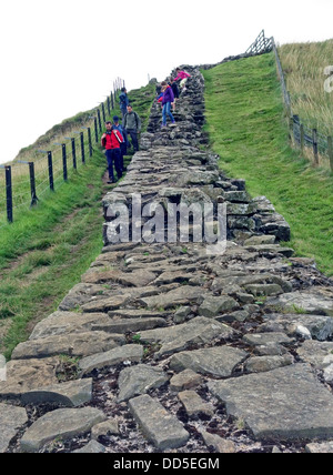 I visitatori a piedi lungo la sezione del Muro di Adriano nei pressi di Hexham, Northumberland, Inghilterra Foto Stock