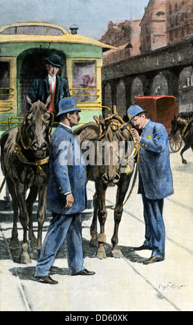 Tram cavalli ispezionati da SPCA ufficiali, New York City, 1890s. Colorate a mano riproduzione dei mezzitoni di illustrazione. Foto Stock