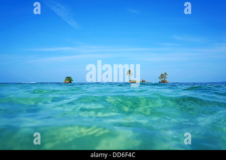 Orizzonte su acqua con piccoli isolotti e albero di cocco, il mare dei Caraibi, Zapatillas chiavi, Bocas del Toro, Panama Foto Stock