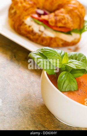 Foto verticale, leggermente angolati, di foglie di basilico fresco in zuppa di pomodoro nel recipiente con sandwich di pollo in background tutti poggianti sulla natura Foto Stock