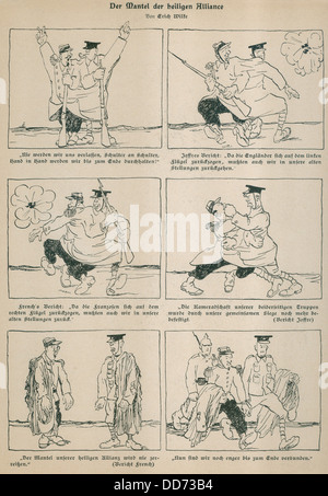 Il tedesco WW1 cartoon ridiculing 'lo stemma della Santa Alleanza." 1915. Esso mostra la Gran Bretagna e la Francia a discutere su come lavorare Foto Stock