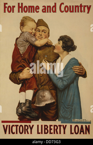 American 1918 WW1 poster di un soldato di abbracciare una donna e bambino. Manifesto dice, "per la casa e il paese - Vittoria Liberty prestito". Foto Stock