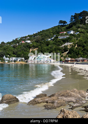 dh Scorching Bay WELLINGTON NEW ZEALAND Seaside spiaggia di sabbia lungomare cafe sobborgo case costa isola nord Foto Stock