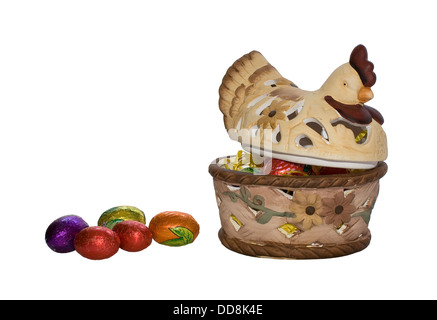 Pasqua gallina e uova di cioccolato Foto Stock