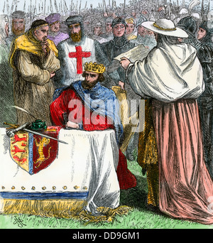 Il re Giovanni data la Magna charta di avallare, 1215. Colorate a mano la xilografia Foto Stock