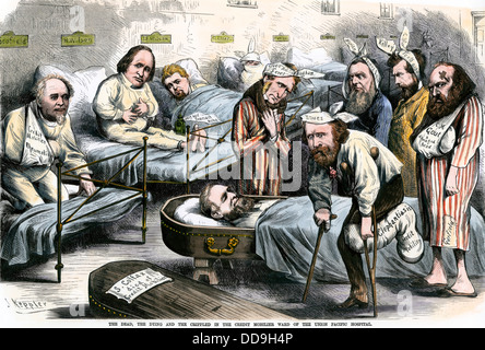 Cartone animato che mostra il morto, morente e storpi nel credito Mobilier Ward, 1873. Colorate a mano la xilografia Foto Stock