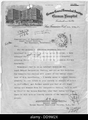 Lettera da ospedale tedesco al Commissario di immigrazione, Angel Island Stazione, riguardanti nemico straniero Ernst Hamann. - - 296434 Foto Stock