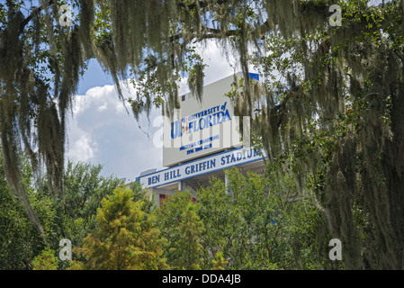 Ben Hill Griffin Stadium attraverso gli alberi della University of Florida campus, Gainesville. Foto Stock