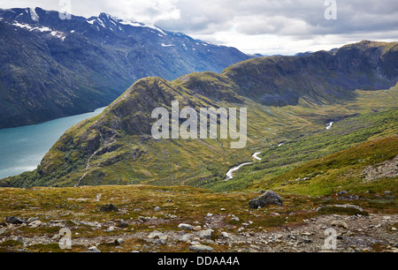 Il fiume Muru e Memurudalen fluente dal ghiacciaio Memurubu al Lago Gjende Parco nazionale di Jotunheimen Norvegia Foto Stock