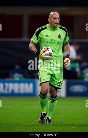 Cristian Abbiati (Milano), 28 agosto 2013 - Calcio : UEFA Champions League Play-off di seconda gamba match tra AC Milan 3-0 PSV Eindhoven a Stadio Giuseppe Meazza di Milano, Italia. (Foto di Maurizio Borsari/AFLO) Foto Stock