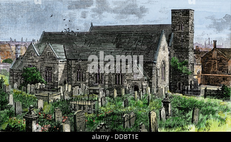 La Chiesa di San Pietro a Monkwearmouth, Inghilterra, fondata nel VII secolo. Colorate a mano la xilografia Foto Stock