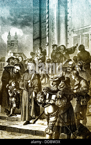 Martin Lutero la sua chiodatura 95 tesi sulla porta della chiesa del castello di Wittenberg, 1483-1546, un teologo tedesco e il reformer Foto Stock