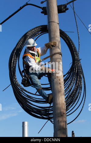 Cavo lineman preparazione per installare il nuovo cavo dal polo di alimentazione Foto Stock