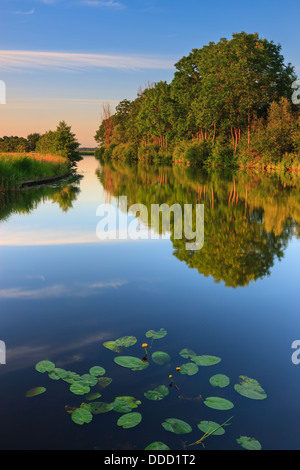Tramonto nella provincia di Groninga, vicino al piccolo villaggio di Midwolde sul canale di entrare Leekstermeer. Foto Stock