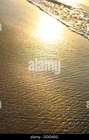 La luce del sole si riflette i modelli naturali creati da surf in spiaggia di sabbia. Foto Stock