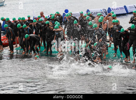 Copenaghen, Danimarca. 31st ago 2013. 2.400 nuotate intorno all'edificio del Parlamento, al castello o al Palazzo di Christiansborg nel centro di Copenhagen, nel 2000 m più grande concorso annuale di acqua aperta in Danimarca, Al Bagno di Copenhagen, organizzato dalla Federazione danese di nuoto e dal giornale Politiken. Questo è giusto prima dell'inizio del primo calore, ritardato di circa due ore dal controllo ambientale dovuto ad un trabocco di liquame causato da un downpour la notte prima. Partenza e arrivo molo. Credito: Niels Quist/Alamy Live News Foto Stock
