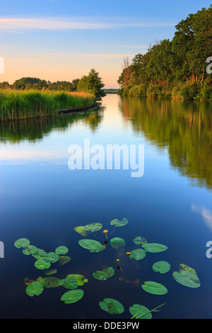 Tramonto nella provincia di Groninga, vicino al piccolo villaggio di Midwolde sul canale di entrare Leekstermeer. Foto Stock
