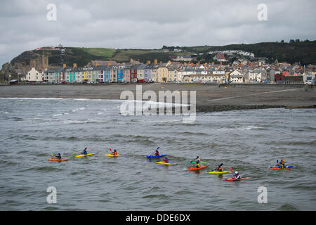 Aberystwyth Wales UK, domenica 1 settembre 2013. Un gruppo di 11 donne di età compresa tra 20 e 62, tutti i membri di Aber Kayakers (Aberystwyth Kayak Club) impostazione disattivata su un 10km ocean kayak viaggio da porto a Aberystwyth, Borth, per raccogliere fondi per il RNLI. Credito: keith morris/Alamy Live News Foto Stock