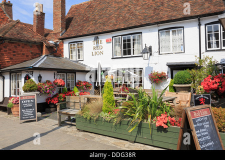 Il Pub Red Lion davanti nel giardino dove bere birra, Biddenden Kent, Inghilterra, Regno Unito, Gran Bretagna Foto Stock