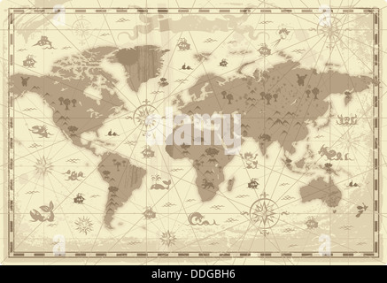 In stile retro mappa del mondo con le montagne e la fantasia dei mostri. In color seppia. Foto Stock