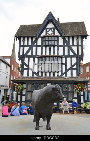 Bronze Hereford Bull statua, Market Place, Città Alta, Hereford, Herefordshire, England, Regno Unito Foto Stock