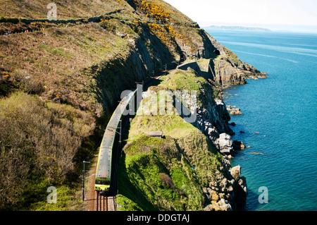 Il Cliff Walk è un cammino lineare tra Bray e Greystones, seguendo la linea ferroviaria lungo le scogliere di Bray testa. Foto Stock