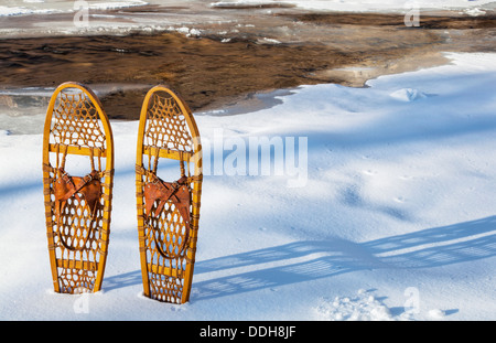 In legno classico zampa orso racchette da neve sulla riva del parzialmente congelato di Cache la Poudre River vicino a Fort Collins, Colorado Foto Stock