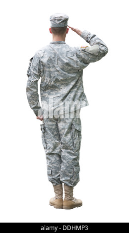 US Army soldier salutando posizione. Vista posteriore, isolato su sfondo bianco Foto Stock