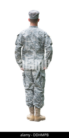 US Army soldier in posizione di attenzione. Vista posteriore, isolato su sfondo bianco Foto Stock