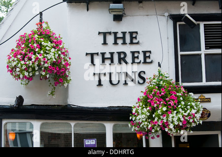 Il Three Tuns tradizionali pub locali nei cestini appesi al di fuori della città di York North Yorkshire England Regno Unito Foto Stock