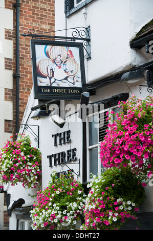 Il Three Tuns tradizionali pub locali nei cestini appesi al di fuori della città di York North Yorkshire England Regno Unito Foto Stock